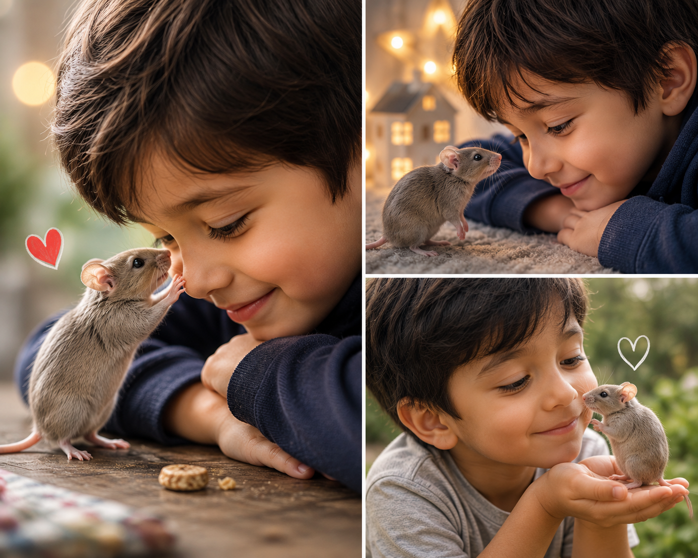 Cute mouse and young boy friendship