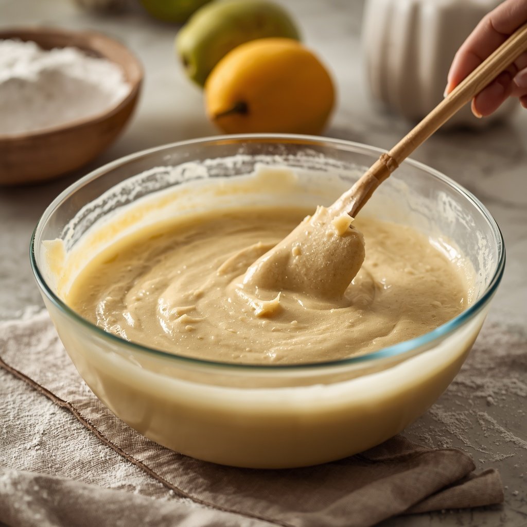 Preparing batter for a soft homemade chikoo cake