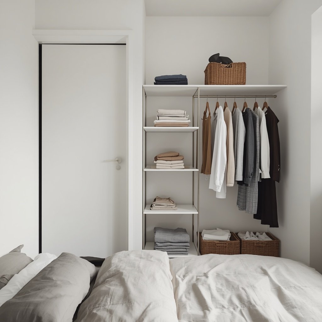 Small bedroom organized without a closet