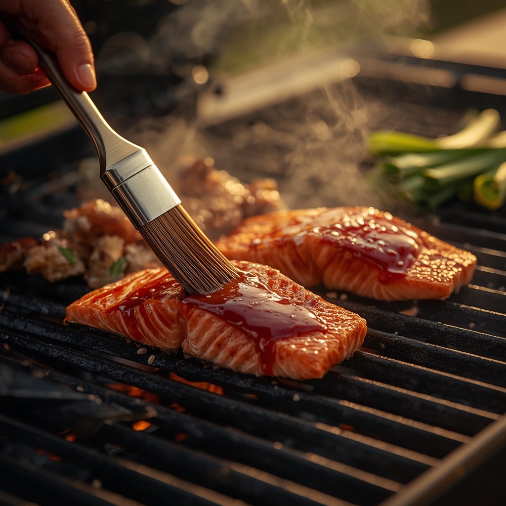 BBQ teriyaki salmon cooking on a hot grill while being brushed with teriyaki glaze