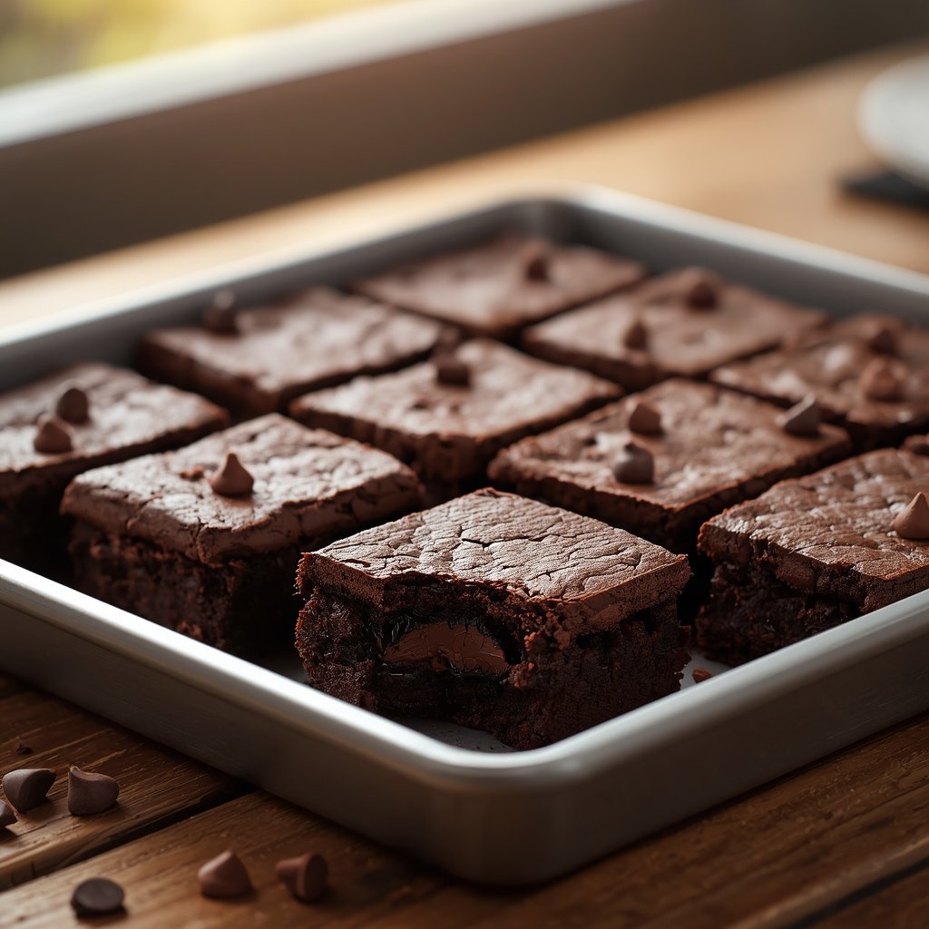 Fudgy chocolate brownies with crackly tops on a baking tray