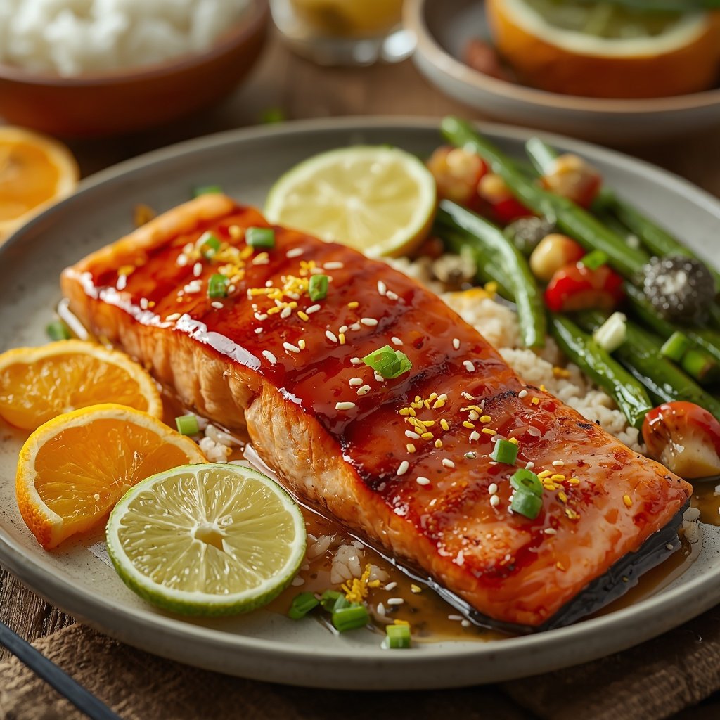 Citrus teriyaki salmon with orange slices, lime, sesame seeds and green onions