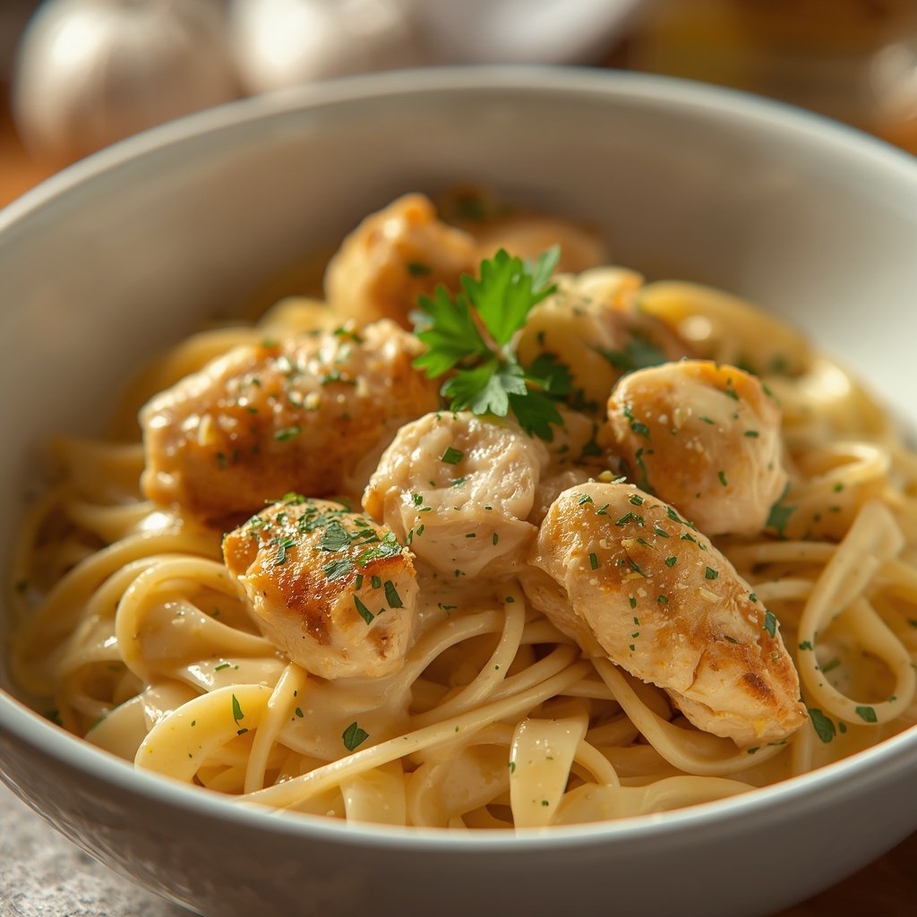 Creamy garlic chicken pasta with tender chicken and Parmesan sauce