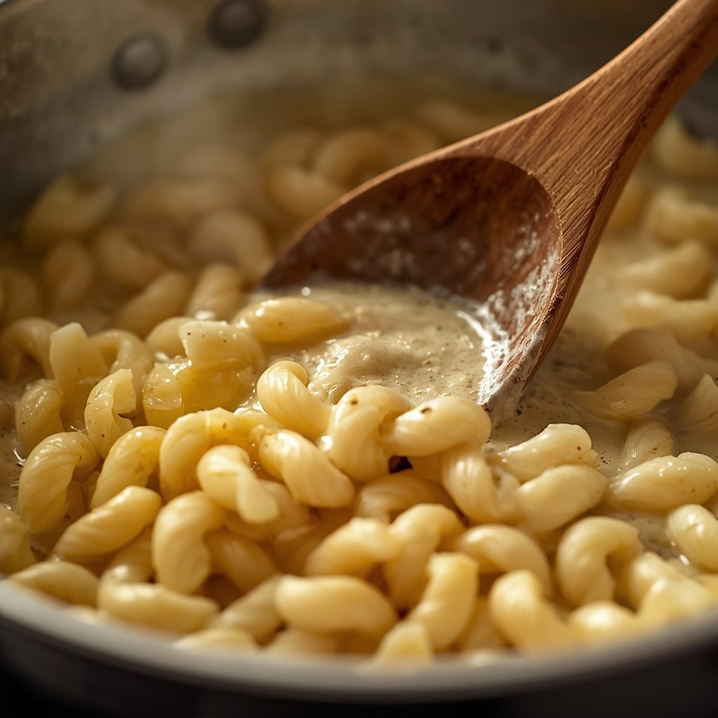 Creamy garlic pasta sauce being prepared in a cooking pan