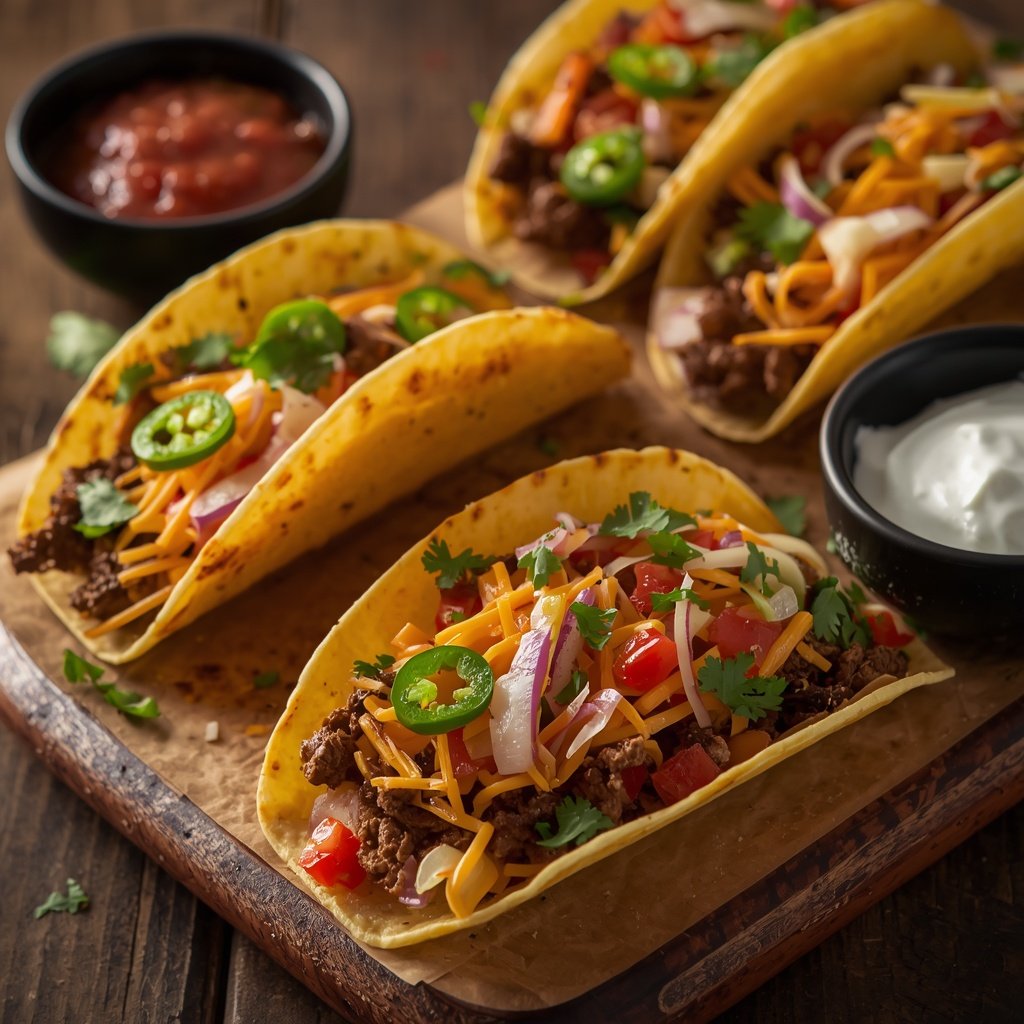 Easy spicy beef tacos filled with seasoned ground beef, cheese and fresh toppings