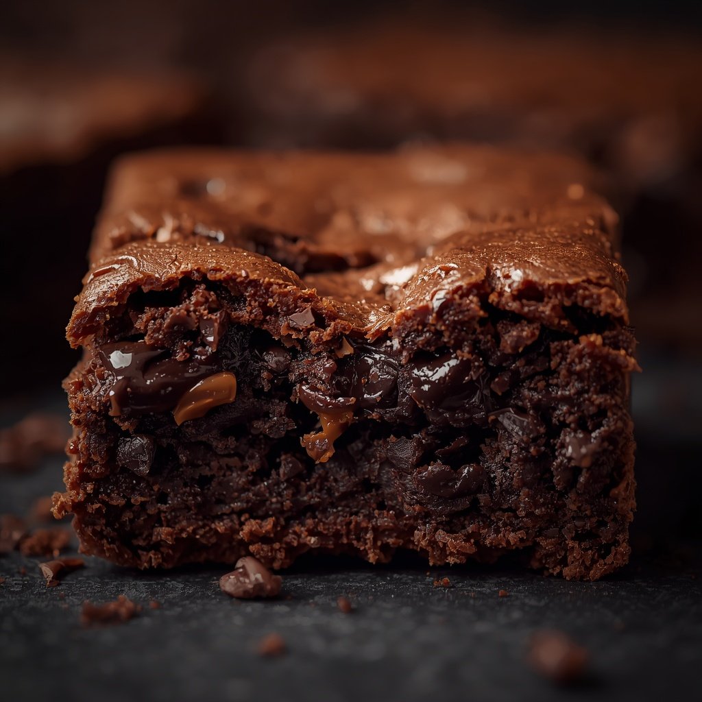 Close-up of a fudgy homemade chocolate brownie with melted chocolate