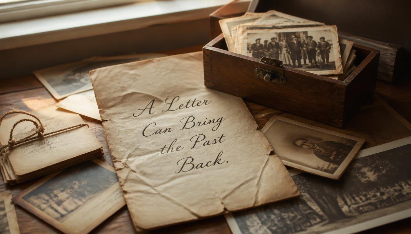 Old family letter surrounded by vintage photographs and memories