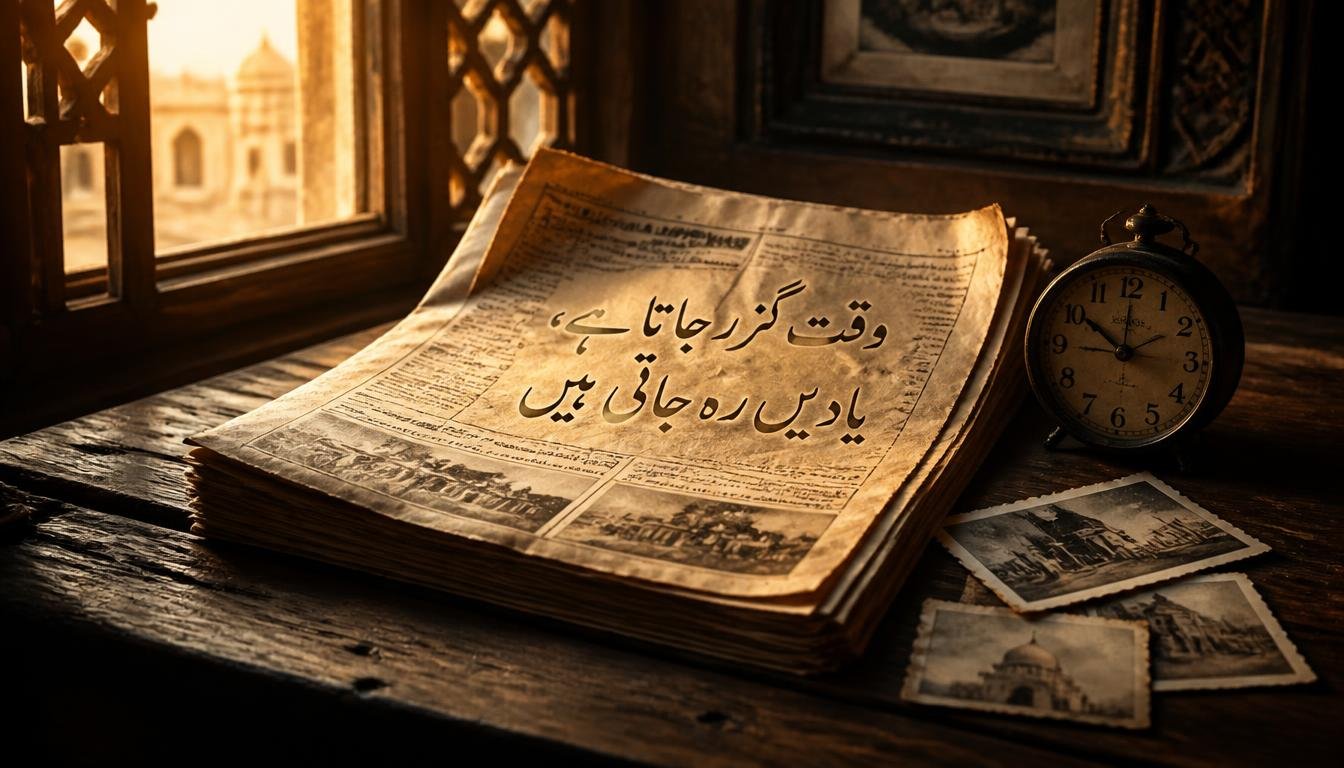 کھڑکی کے قریب لکڑی کی میز پر رکھا پرانا اخبار