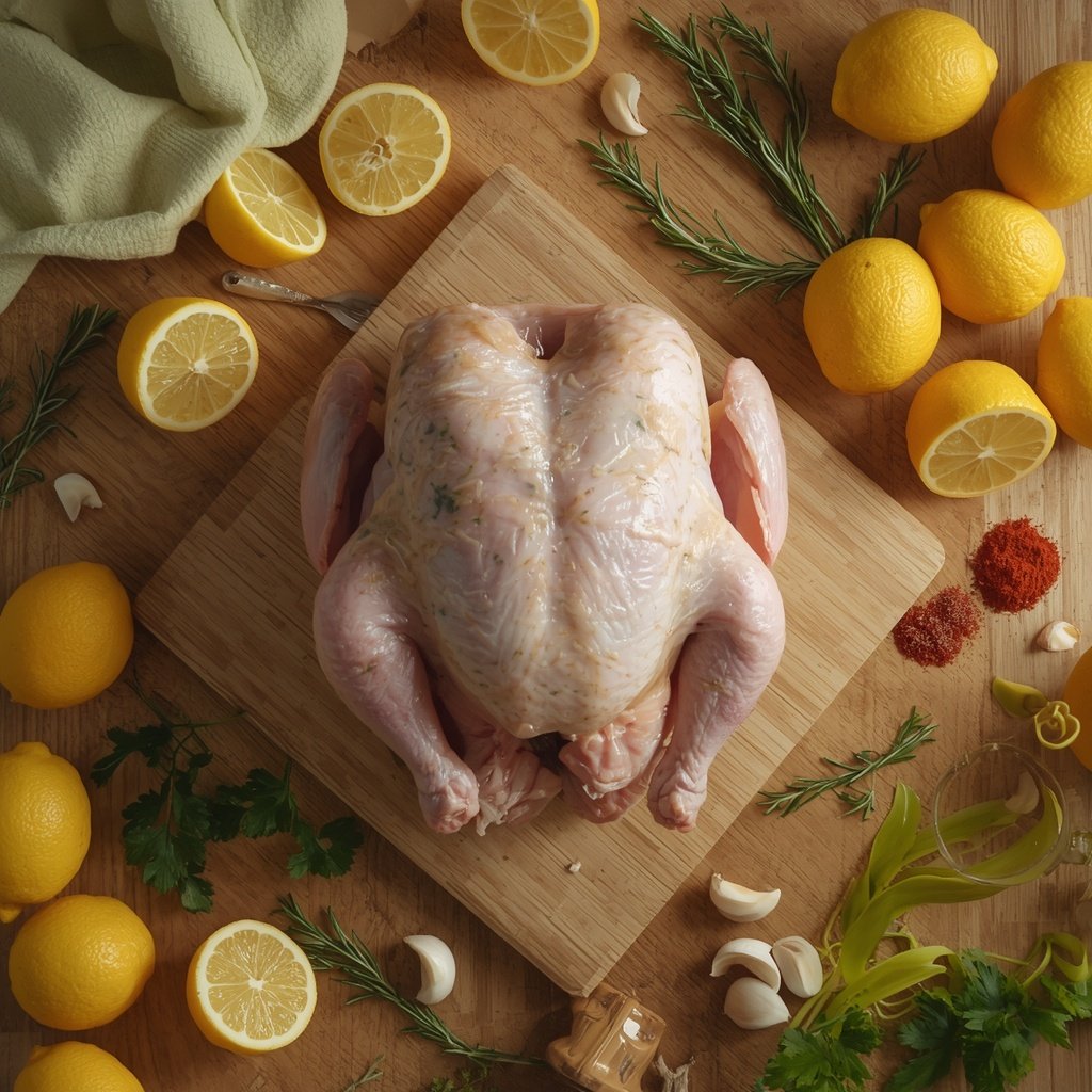 Preparing whole chicken with fresh lemon, garlic, rosemary, thyme, and herb seasoning