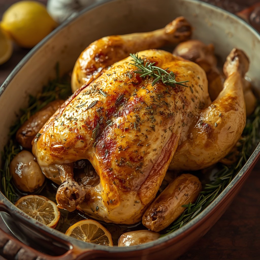 Juicy lemon herb roast chicken with crispy golden skin, fresh herbs and lemon