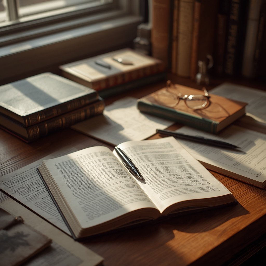 Books, notebook and ideas representing useful stories and information