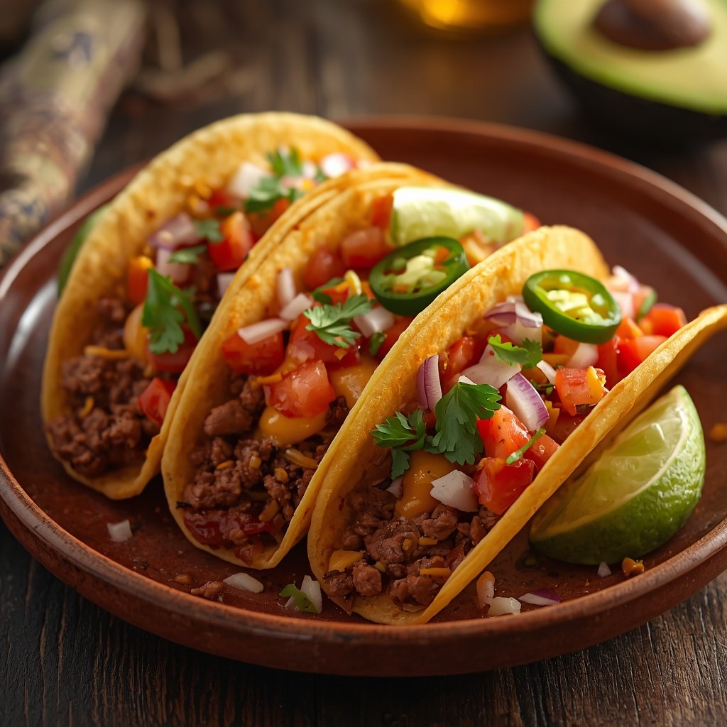 Spicy beef tacos with juicy seasoned beef, avocado, lime and fresh toppings