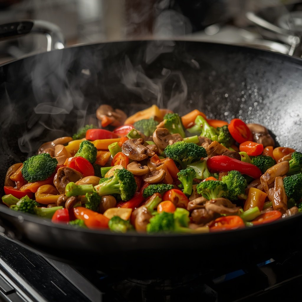 Colorful vegetables cooking in a wok with homemade stir fry sauce