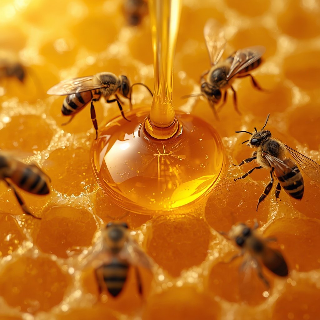 Honey bees working on a golden honeycomb filled with fresh honey.